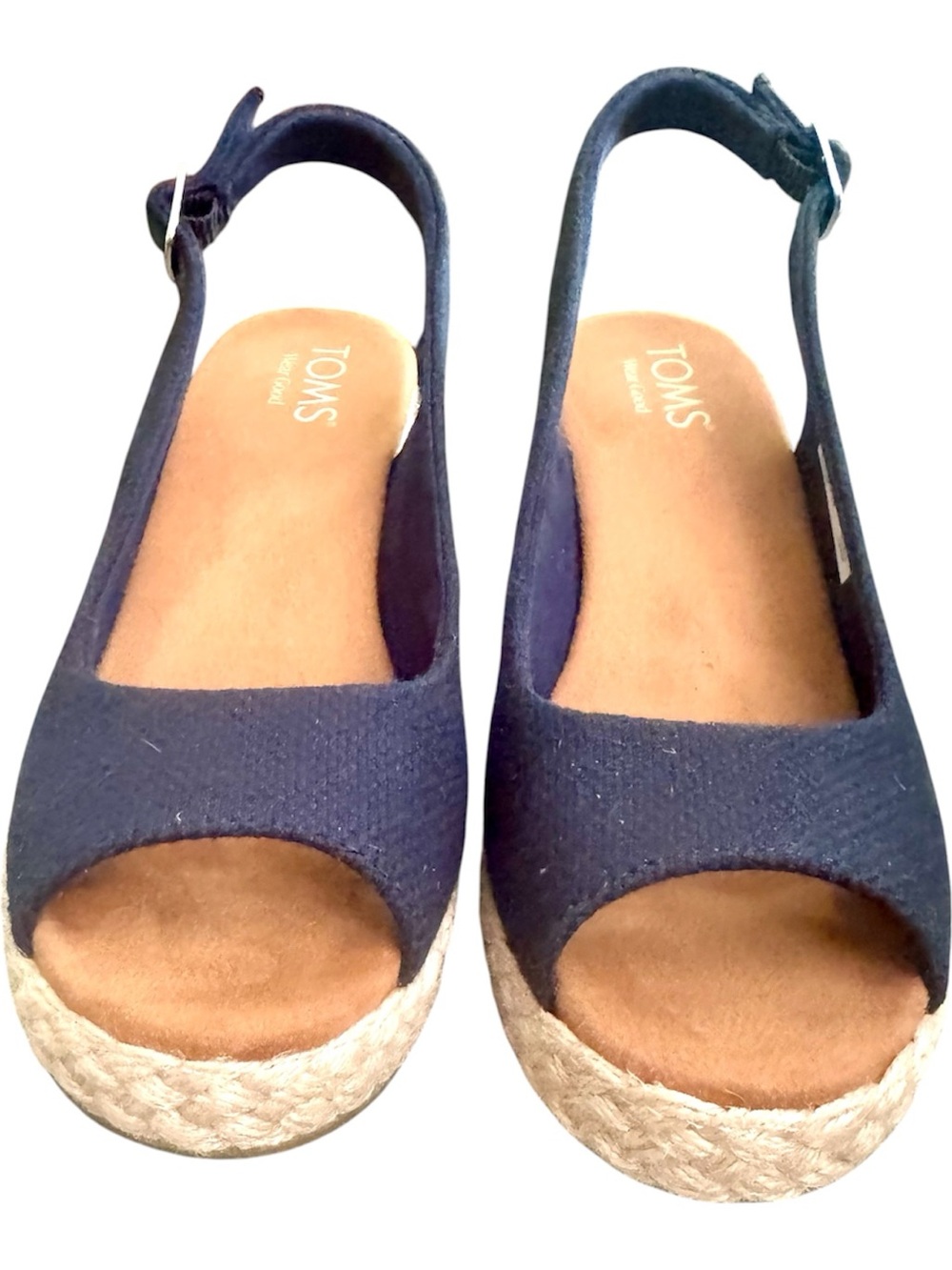 TOMS Navy Camilla Open-Toe Espadrille Slingback Wedge